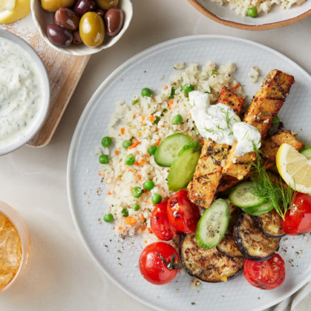 Image of Riced Veggies Medley with Grilled Tempeh and Tzatziki Recipe