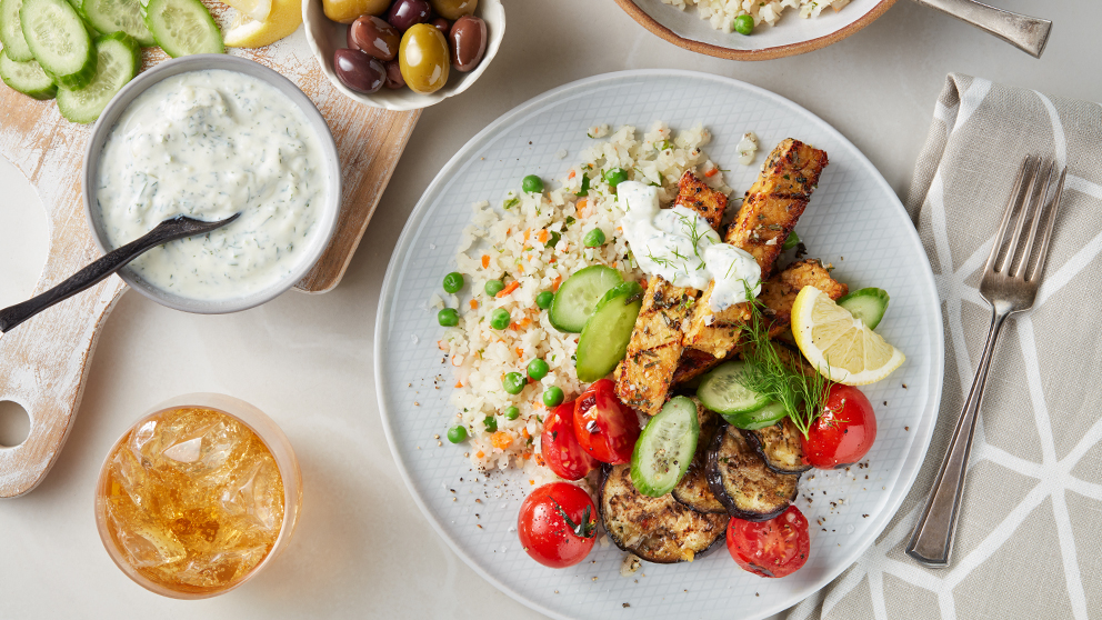 Image of Riced Veggies Medley with Grilled Tempeh and Tzatziki Recipe
