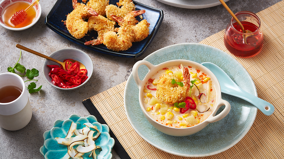 Image of Coconut Corn Chowder with Coconut Shrimp