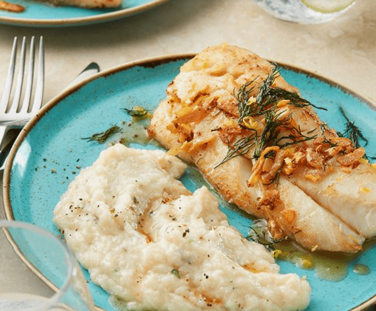 Image of Garlic & Herb Mashed Cauliflower with Crispy Lemon Dill Fish Recipe