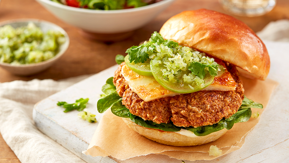 Image of Riced Cauliflower & Sweet Potato Farm to Table “Burger” with grilled Halloumi Recipe