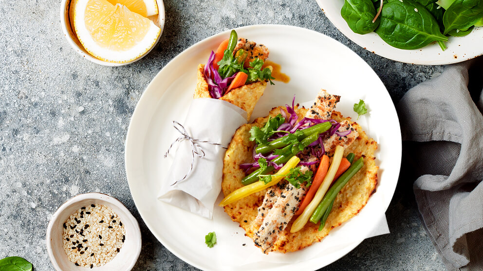 Image of Riced Cauliflower Wraps with Coconut Tofu & Carrot Ginger Dressing Recipe