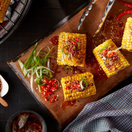 Image of GRILLED CORN ON THE COB WITH SPICY CHILI SESAME SAUCE Recipe