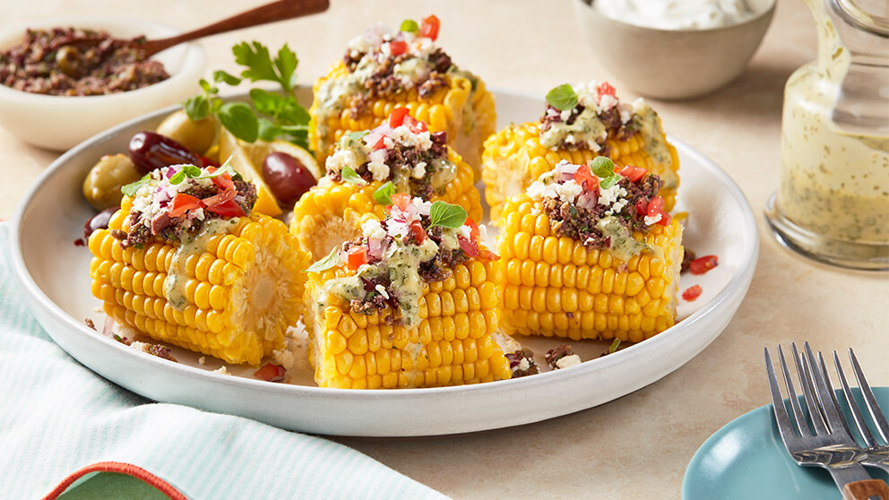 Image of GREEK-STYLE LOADED CORN ON THE COB Recipe